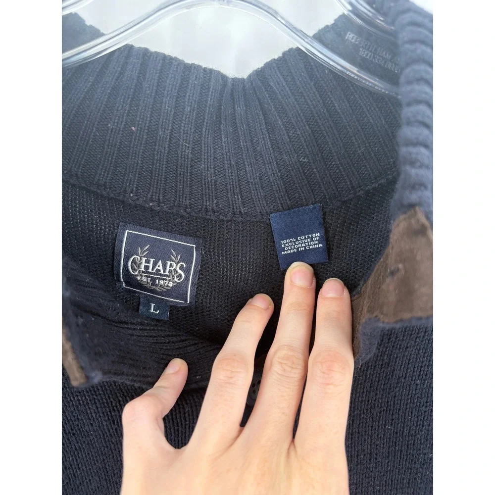 CHAPS Mens Navy Blue Button Up Cardigan Sweater Elbow Patches Size‎ L
